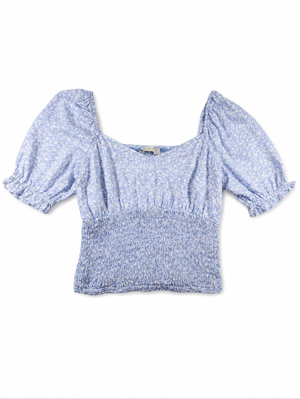 Abercrombie & Fitch Blue Floral Smocked Puff Sleeve Crop Top Medium